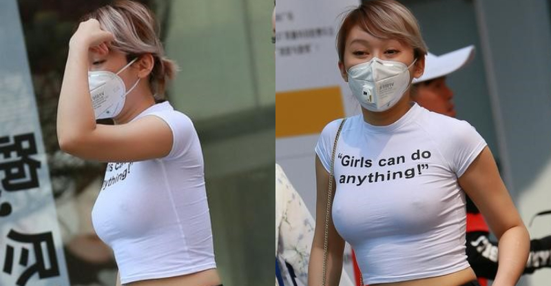 【球盟会】奶罩可以不戴但口罩不行！街拍巨乳妹「無罩上路」大開車頭燈
