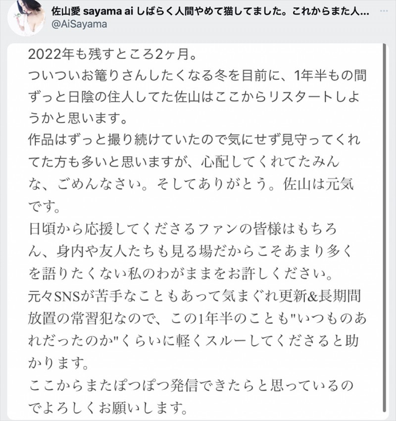 Twitter发表长文⋯佐山爱不想干了？