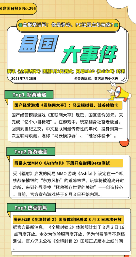 盒国日报|腾讯《全境封锁2》8月3日测试；网易MMO《Ashfall》封测