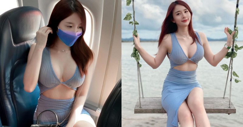 「白皙巨乳妹」超狂洋裝搭飛機，「美胸細腰」不怕著涼，白嫩美腿也大方秀出！