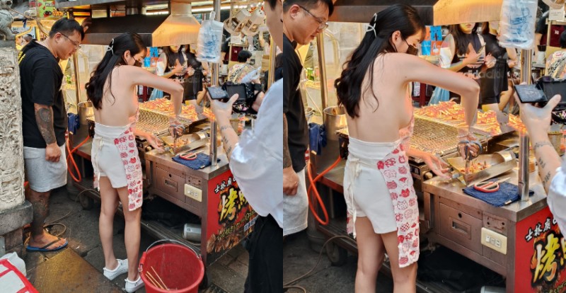 【球盟会】士林人衝啊！廟口攤販老闆娘「上空烤魷魚」　吸引大批民眾圍觀