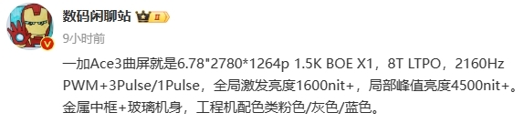 一加 Ace 3，屏幕参数曝光：峰值亮度超4500nit