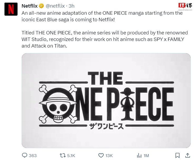《海贼王》全新漫改动画将上线 Netflix：霸权社制作