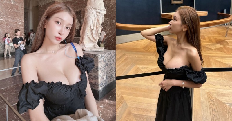 【球盟会】羅浮宮穿這樣可以嗎！巨乳女神「娜娜米」低胸洋裝遊巴黎，雪白香肩爆乳好撩人