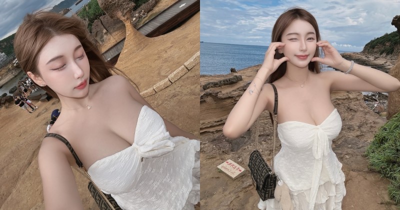 【球盟会】野柳公園驚見「爆乳正妹」!娜娜米低胸洋裝太搶眼,女王頭都沒有她車頭好看!