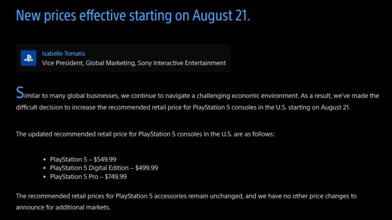 索尼互动娱乐宣布PS5主机在美国地区涨价