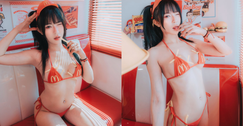 【球盟会】淘氣女店員「小艾啾啾」薯條亂插,「挑逗餵食」服務超周到!