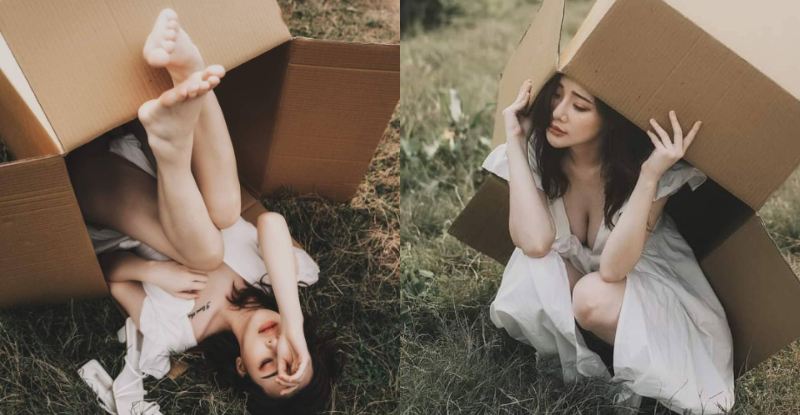 【球盟会】「空靈正妹」白嫩美體躲紙箱，「伸玉腿又掏美乳」銷魂又欠撲