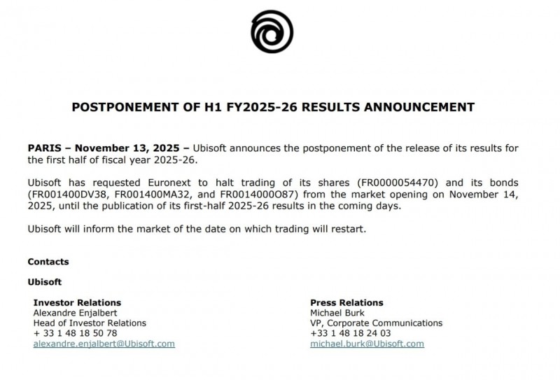 【球盟会】育碧宣布推迟发布财年业绩报告，并暂停公司股票交易