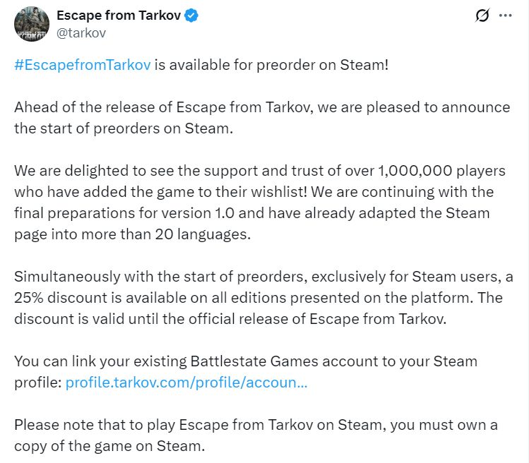 【球盟会】《逃离塔科夫》Steam愿望单达成100万，现已开启七五折预购特惠