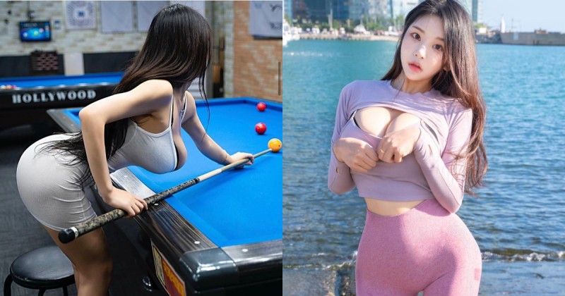 【球盟会】南韓巨乳妹彎腰打撞球　自備的兩顆「白嫩母球」直接掉出來
