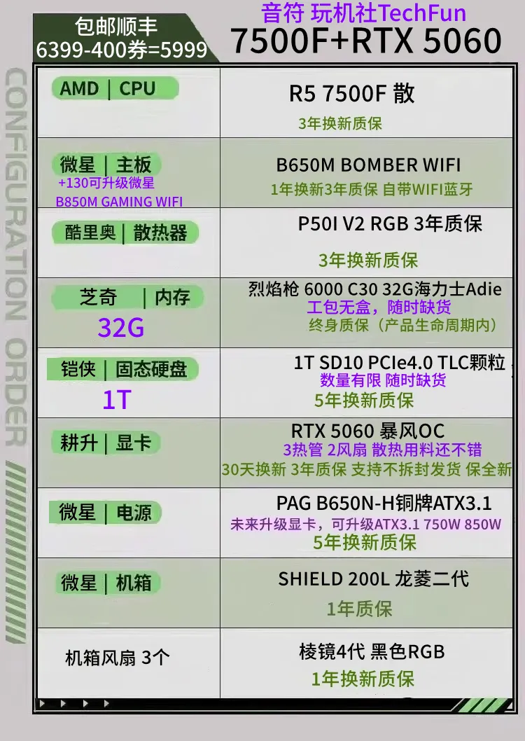 比自己装机DIY划算?32G 6000 C30, 7500F 9600X 显卡5060