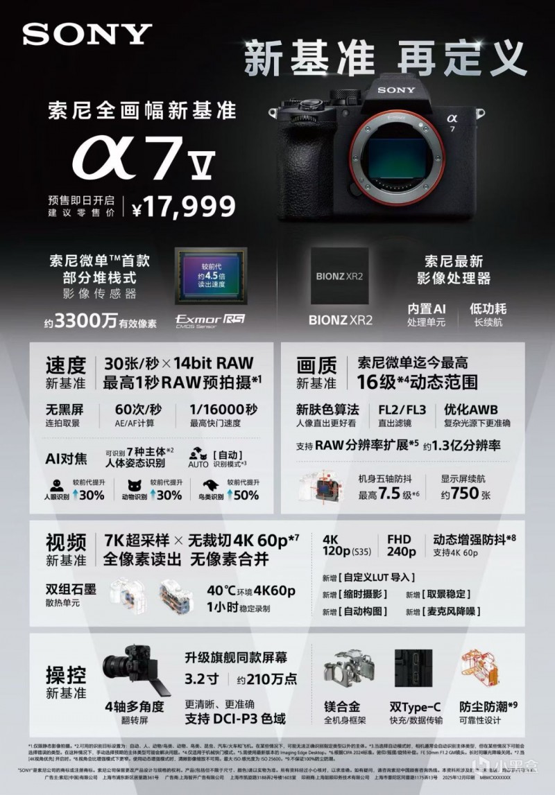 【球盟会】索尼 α7 Ⅴ 全画幅相机发布：部分堆栈式传感器，17999 元