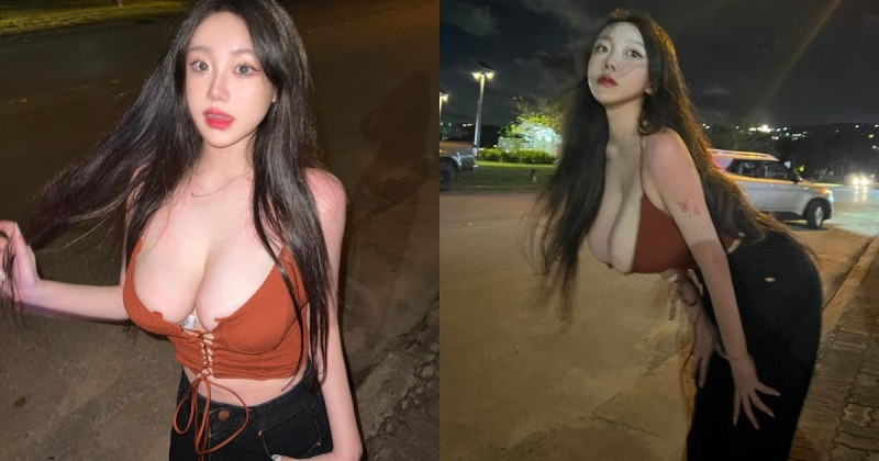 【球盟会】21歲「白皙巨乳嫩妹」關島度假穿好辣！路邊「彎腰倒奶」小背心包不住啦！