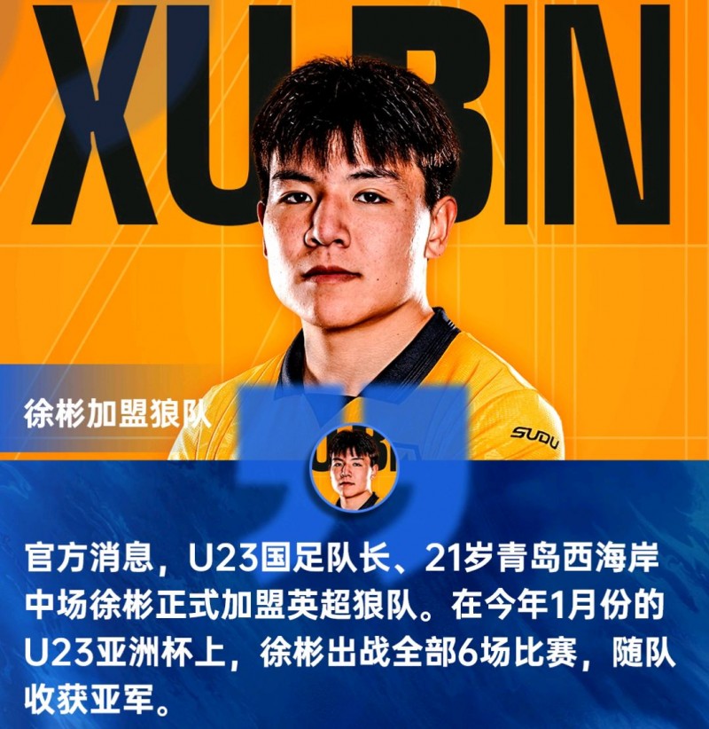 【球盟会】官宣！U23国足队长徐彬加盟英超狼队！还拿到了宝贵的外卡！