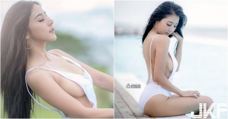 【球盟会】這泳衣太狂！「超兇側乳妹」水池邊乘涼！「渾圓大奶」兩球外露一起吹風！