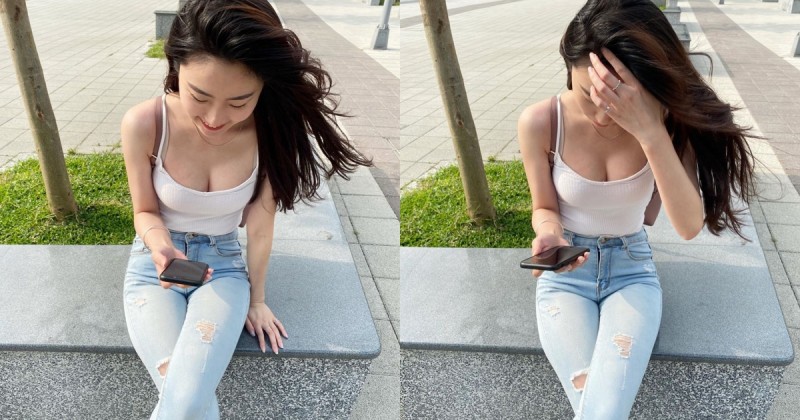 【球盟会】路邊捕捉「爆乳正妹」Vera滑手機！風吹過來都有清香，白色小背心誰能不愛～