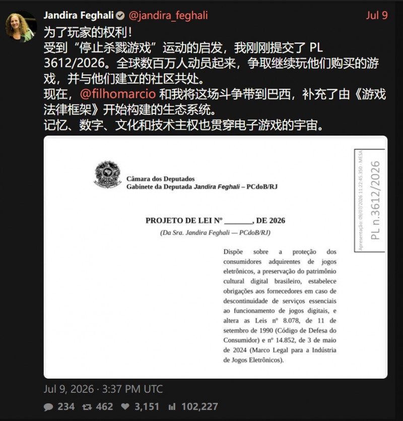 【球盟会】巴西提交“Stop Killing Games”法案，要求停服须提前180天通知