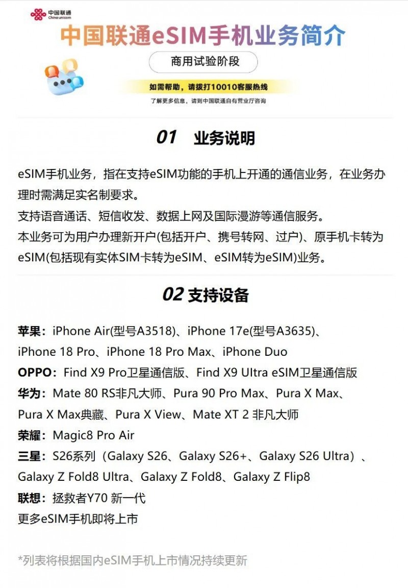 【球盟会】中国联通:支持国行所有eSIM手机业务办理