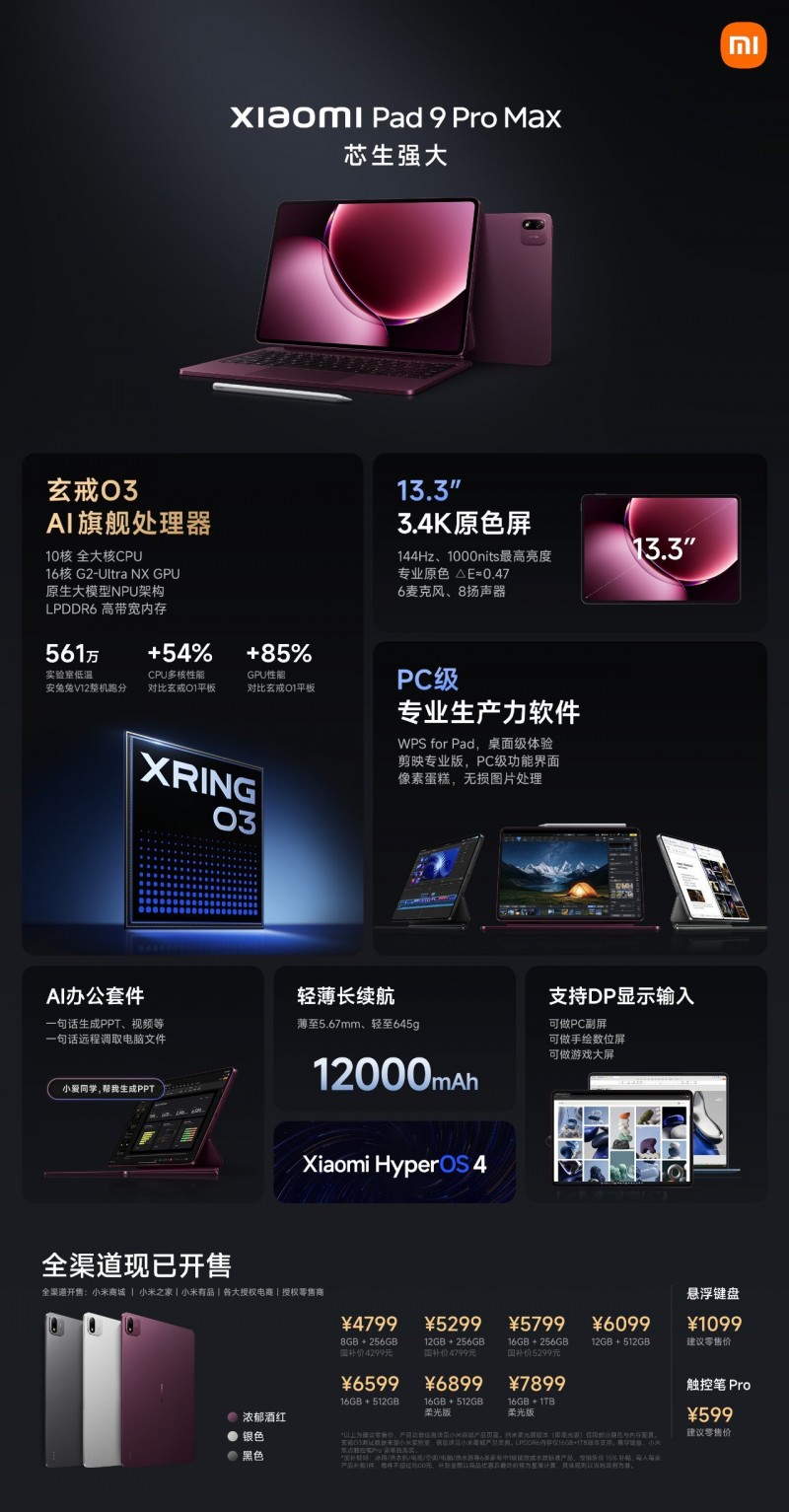 【球盟会】小米平板9 Pro Max发布：13.3英寸LCD高刷大屏+玄戒O3