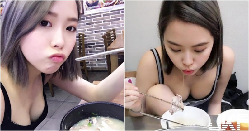 【球盟会】小吃店奇景！「雞湯奶妹」低頭大露胸器！深溝看不見底啊！
